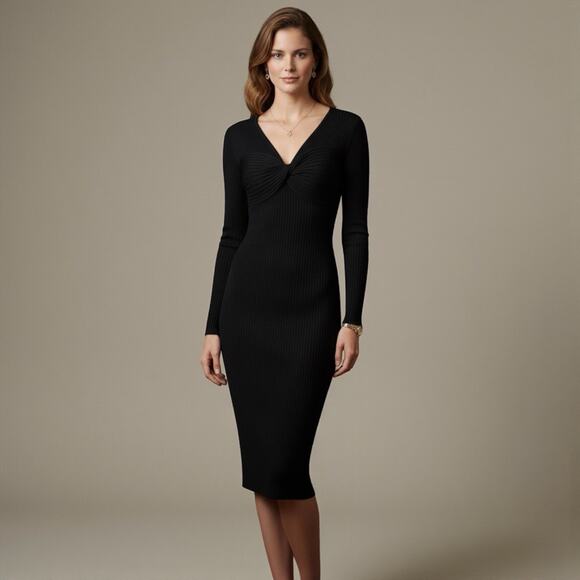 BCBGMAXAZRIA Sweater Dress Womens M Black Ribbed Knee Length Modest Minimalist - Picture 1 of 6